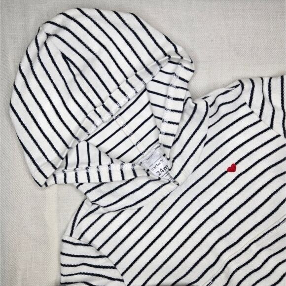 CARTERS White & Navy Striped Long Sleeve  Hoodie w/ Red Heart Detail Size 24mo - Picture 2 of 7